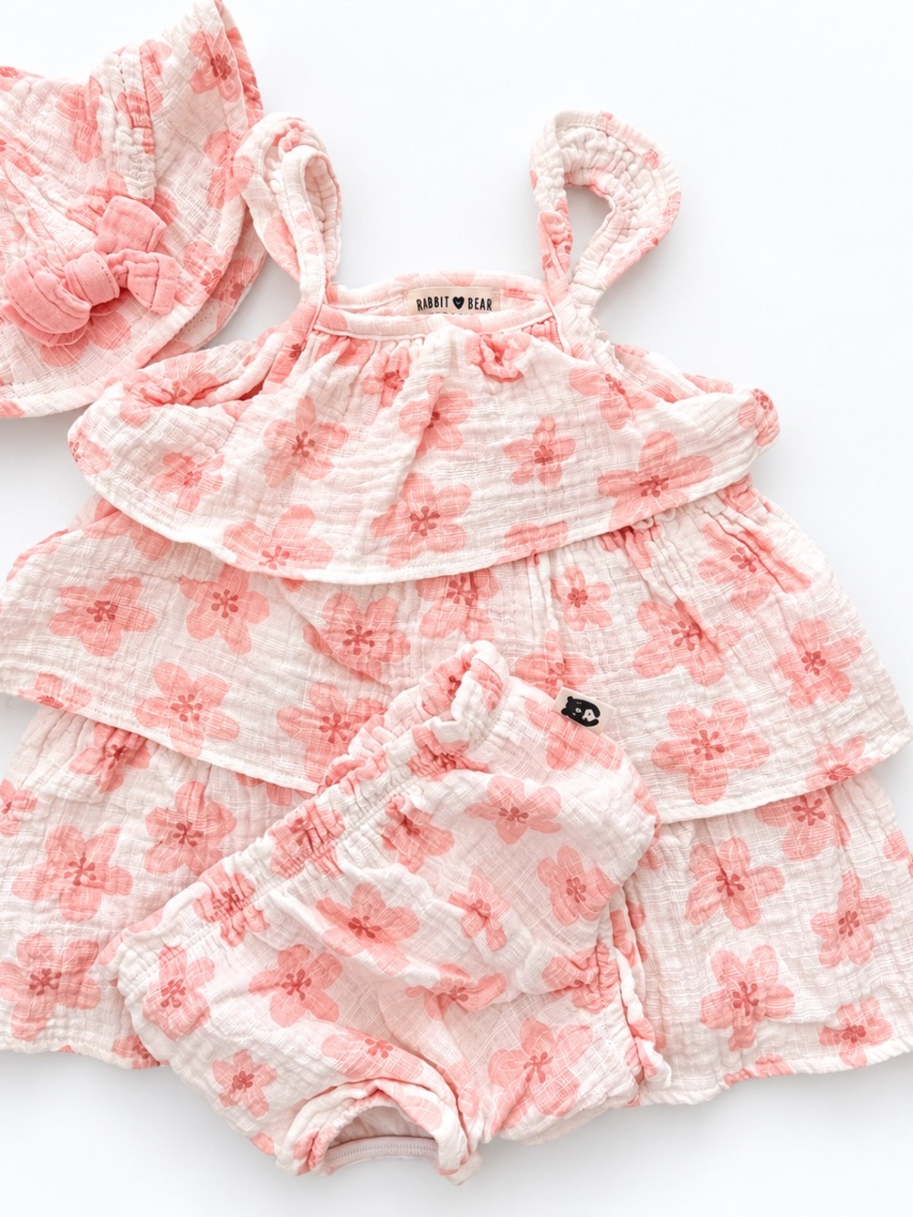 Rabbit Bear Organic Baby Girl 3-Piece Floral Set Dress Bloomers & Hat 12M